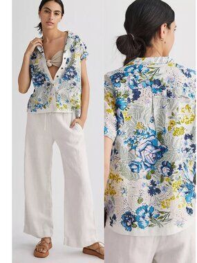 ANTHROPOLOGIE Printed Surf Shirt in Blue Motif Size XS